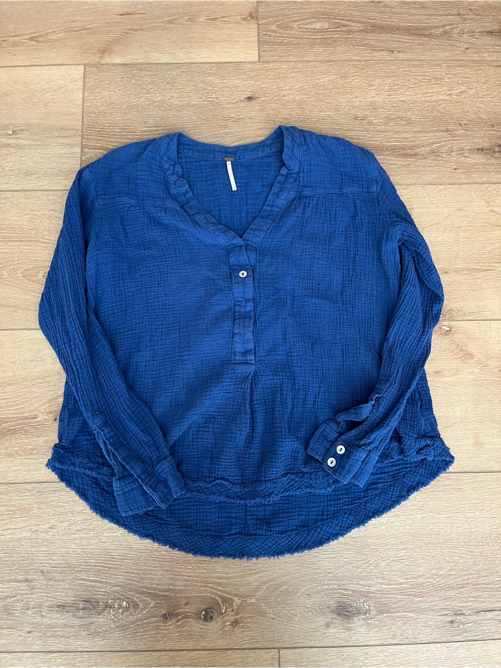 Free People Deep Blue Gauze Henley Blouse